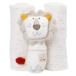 Baby Fehn 3-tlg. Set Stabrassel & Musselintücher NATUR aus Bio-Baumwolle - Löwe