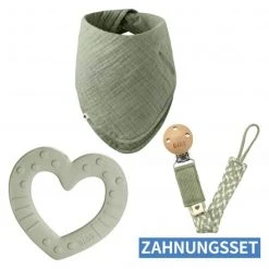 Bibs 3-tlg. Baby-Zahnungshilfen-Set - inkl. Beißring + Schnullerkette + Bandana - Sage