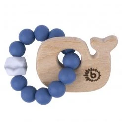 Bieco Holz-Beißring Wal mit Silikonkette - Blau