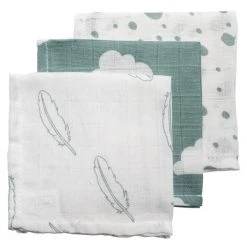 Meyco Mulltuch / Waschtuch - 3er Pack - 30 x 30 cm - Federn Wolken Dots - Grün