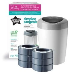 Tommee Tippee Windeleimer Simplee Sangenic inkl. 6 Nachfüllkassetten - Greenfilm™ - Weiß Grau